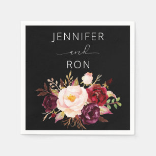 Burgundy & Blush Pink Floral - Black Napkin