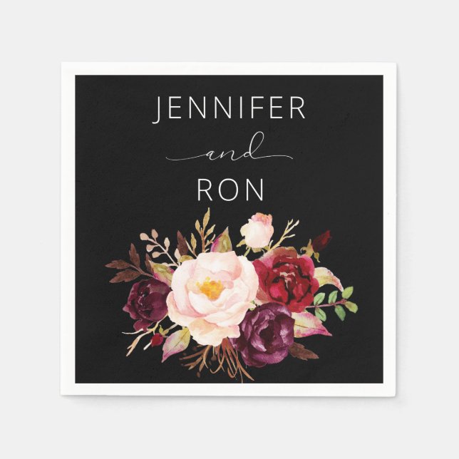Burgundy & Blush Pink Floral - Black Napkin (Front)