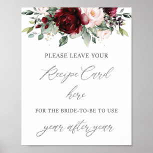 Burgundy Blush Pink Floral Bridal Bring a Recipe Poster