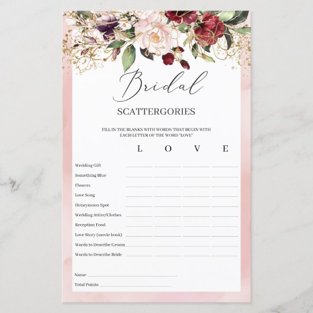 Burgundy blush pink floral Bridal Scattergories (Front)