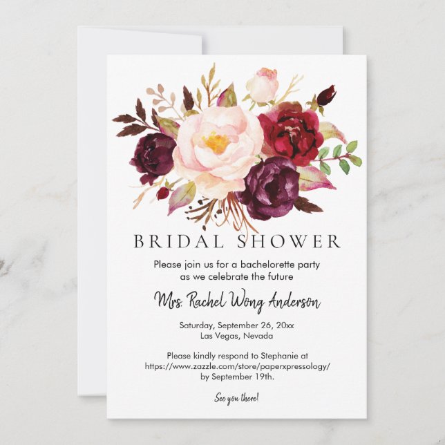 Burgundy Blush Pink Floral Bridal Shower Photo Invitation (Front)