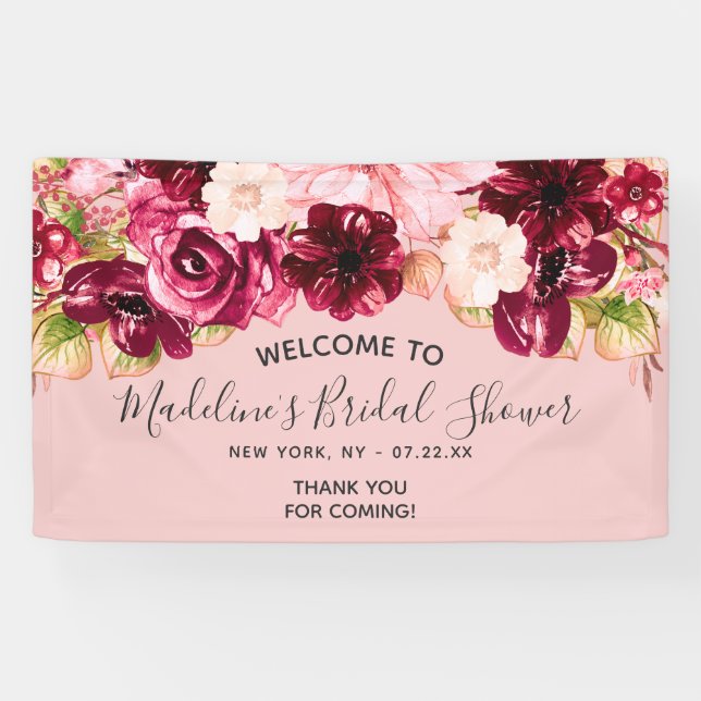Burgundy & Blush Pink Floral Bridal Shower Welcome Banner (Horizontal)