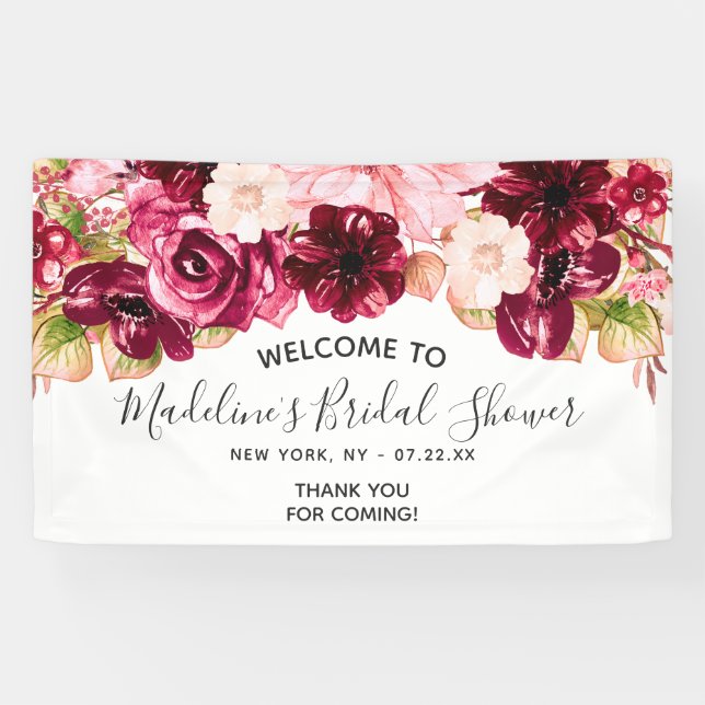 Burgundy & Blush Pink Floral Bridal Shower Welcome Banner (Horizontal)