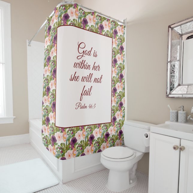 Burgundy Blush Pink Floral Christian Bible Verse Shower Curtain (In Situ)
