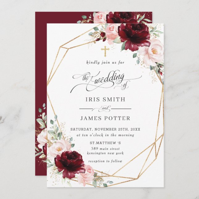 Burgundy Blush Pink Floral Church Wedding   Invitation (Front/Back)