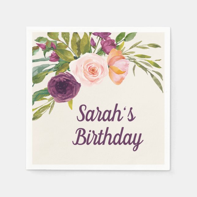 Burgundy Blush PInk Floral Custom Birthday Napkin (Front)