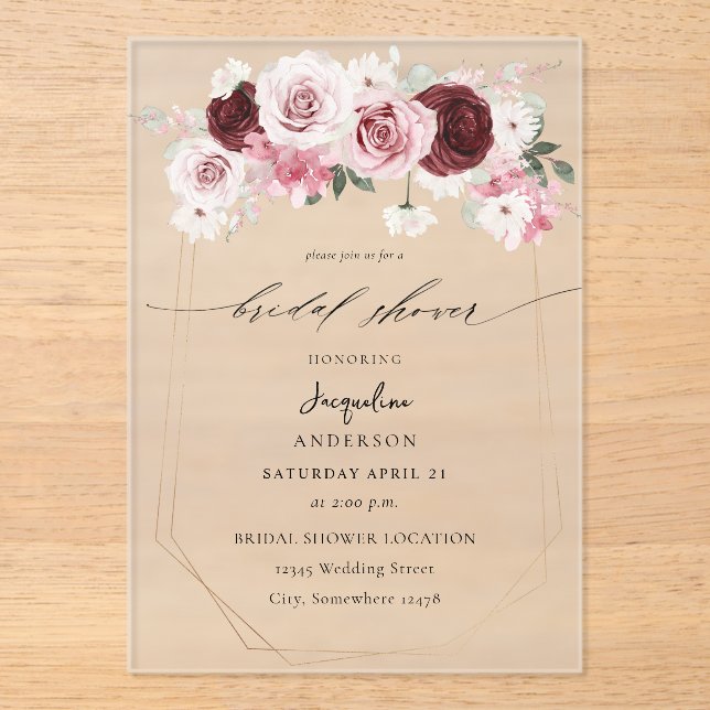 Burgundy & Blush Pink Floral Ele 6 Bridal Shower 3 Acrylic Invitations (Front)