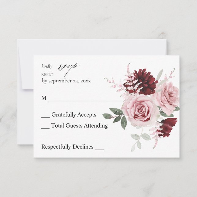 Burgundy & Blush Pink Floral Ele 6 no Meal RSVP Card (Front)