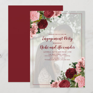 Burgundy Blush Pink Floral Engagement Party Photo Invitation
