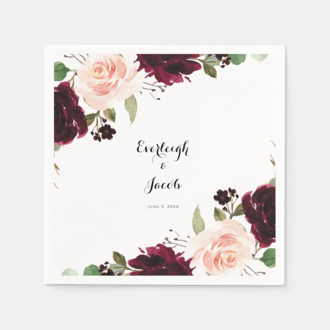 Burgundy Blush Pink Floral Eucalyptus Wedding Napkin (Front)