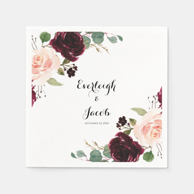 Burgundy Blush Pink Floral Eucalyptus Wedding Napkin (Front)