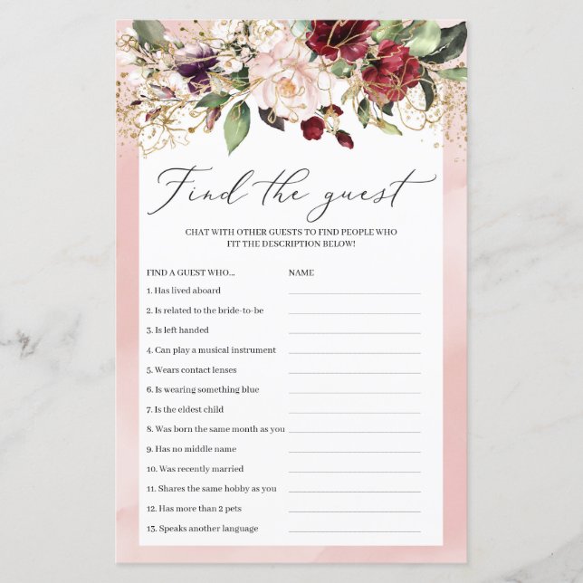 Burgundy Blush Pink Floral Find The Guest Game (Front)