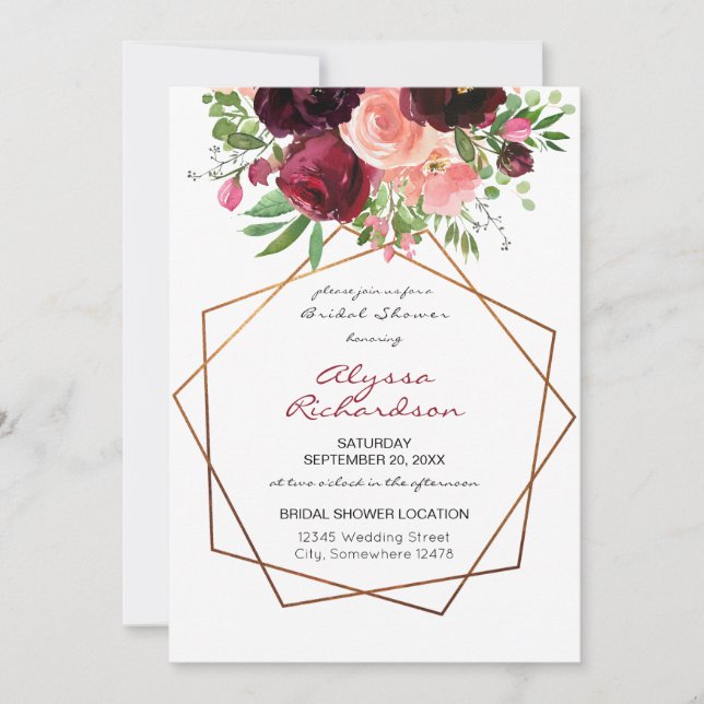 Burgundy & Blush Pink Floral & Frame Bridal Shower Invitation (Front)