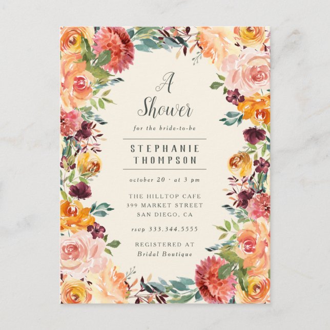 Burgundy & Blush Pink Floral Frame Bridal Shower Invitation Postcard (Front)