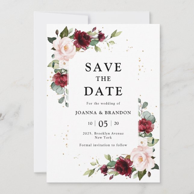 Burgundy Blush Pink Floral geometric save the Date Invitation (Front)