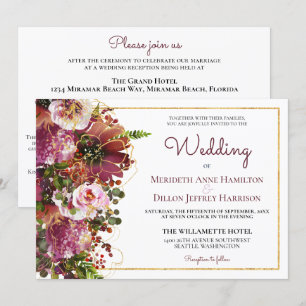 Burgundy Blush Pink Floral Gold All In One Wedding Invitation