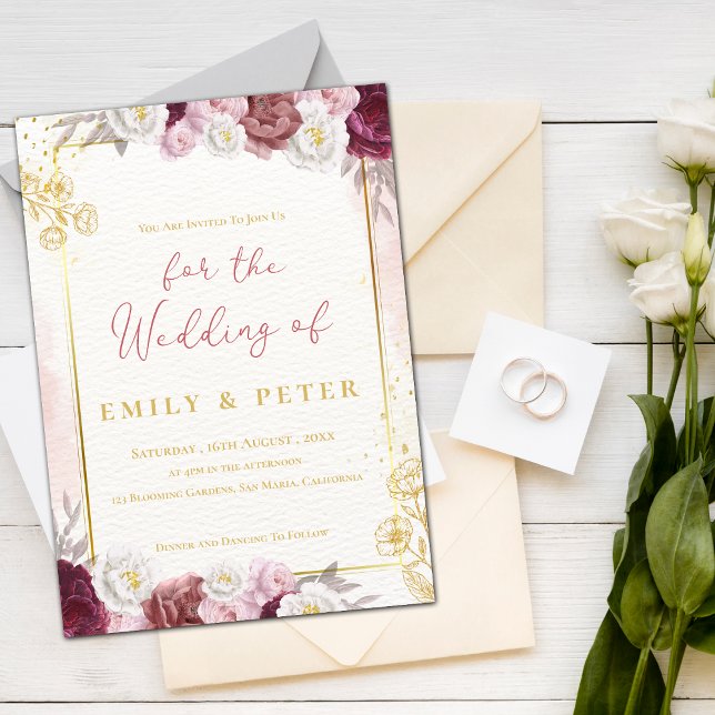 Burgundy Blush Pink Floral Gold Border Wedding Invitation (Burgundy Blush Pink Floral Gold Border Wedding Invitation)