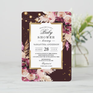 Burgundy Blush Pink Floral & Gold Frame & Lights Invitation