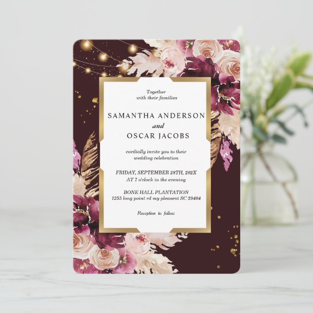 Burgundy Blush Pink Floral & Gold Frame & Lights Invitation (Standing Front)