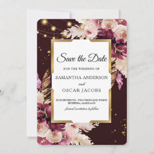 Burgundy Blush Pink Floral & Gold Frame & Lights Save The Date