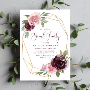Burgundy & Blush Pink Floral Graduation Party Invitation