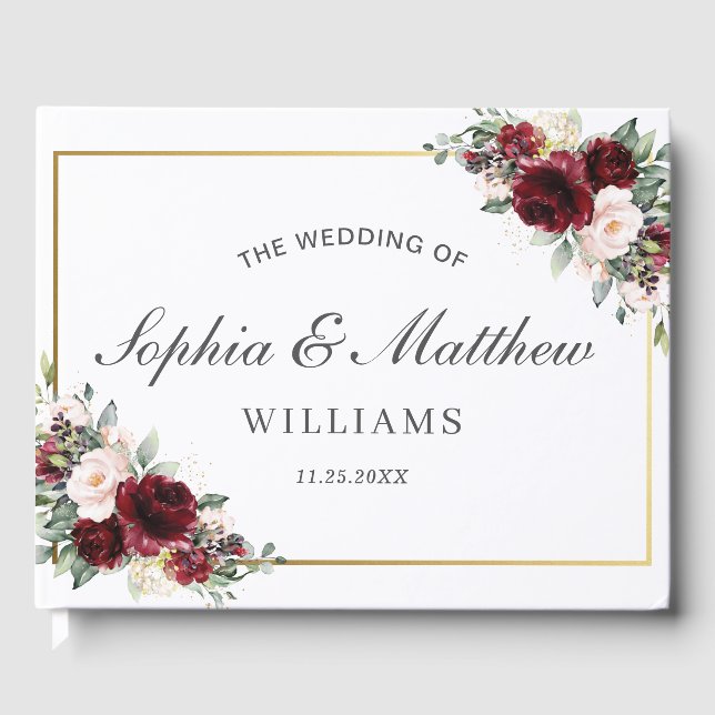 Burgundy Blush Pink Floral Greenery Wedding Guest Book (Front)