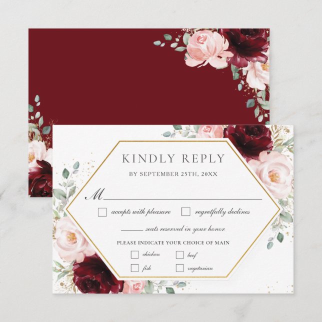 Burgundy Blush Pink Floral Greenery Wedding Meal  RSVP Card (Front/Back)