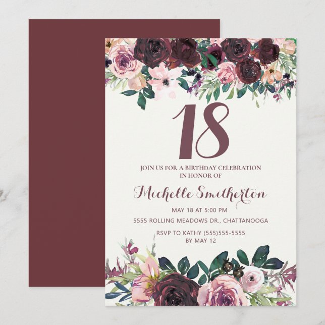 Burgundy Blush Pink Floral Leaves 18th Birthday Invitation (Front/Back)