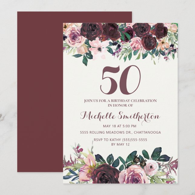 Burgundy Blush Pink Floral Leaves 50th Birthday Invitation (Front/Back)