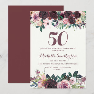Burgundy Blush Pink Floral Leaves 50th Birthday Invitation