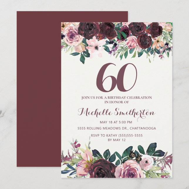 Burgundy Blush Pink Floral Leaves 60th Birthday Invitation (Front/Back)