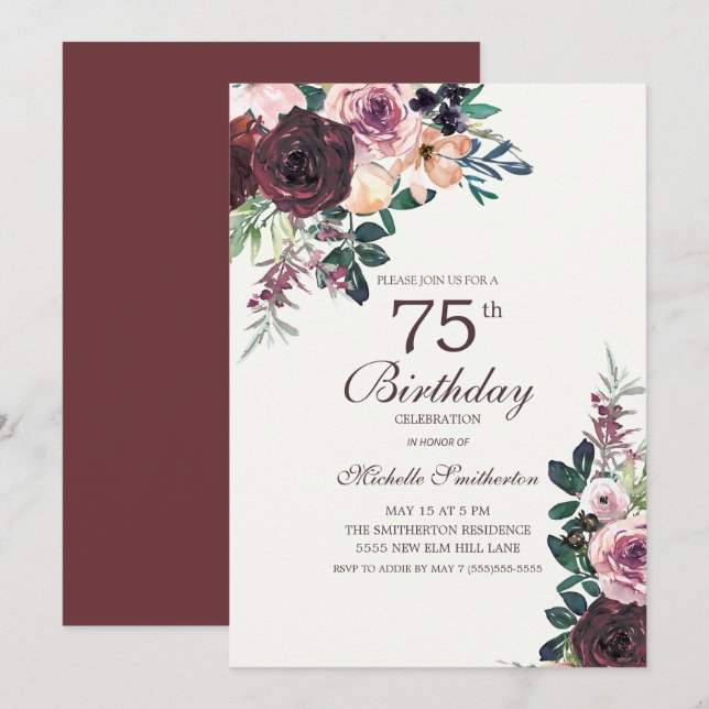 Burgundy Blush Pink Floral Leaves 75th Birthday Invitation (Front/Back)