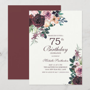 Burgundy Blush Pink Floral Leaves 75th Birthday Invitation