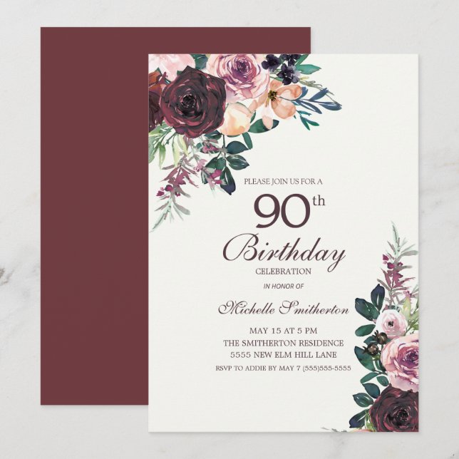 Burgundy Blush Pink Floral Leaves 90th Birthday Invitation (Front/Back)