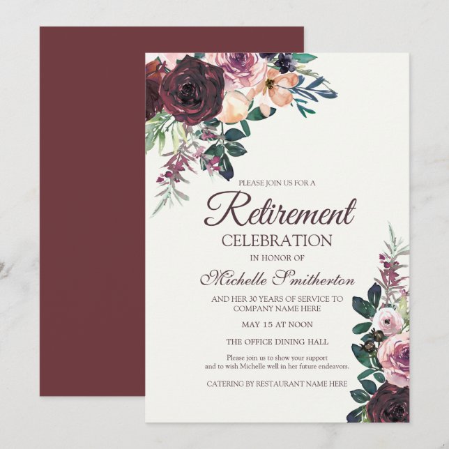 Burgundy Blush Pink Floral Leaves Retirement Invitation (Front/Back)