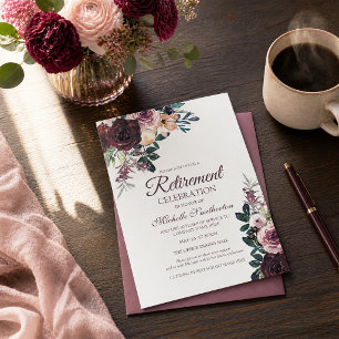 Burgundy Blush Pink Floral Leaves Retirement Invitation