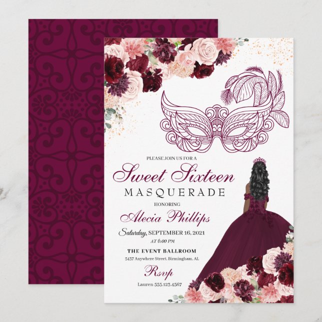 Burgundy Blush Pink Floral Masquerade Sweet 16 Inv Invitation (Front/Back)