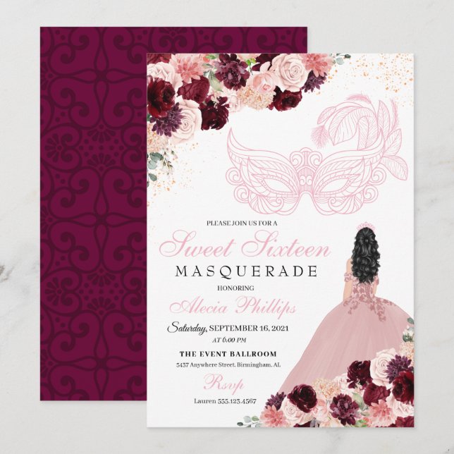 Burgundy Blush Pink Floral Masquerade Sweet 16 Inv Invitation (Front/Back)