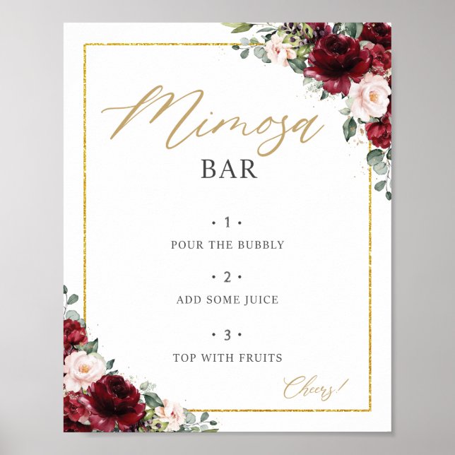 Burgundy Blush Pink Floral Mimosa Bar Sign (Front)