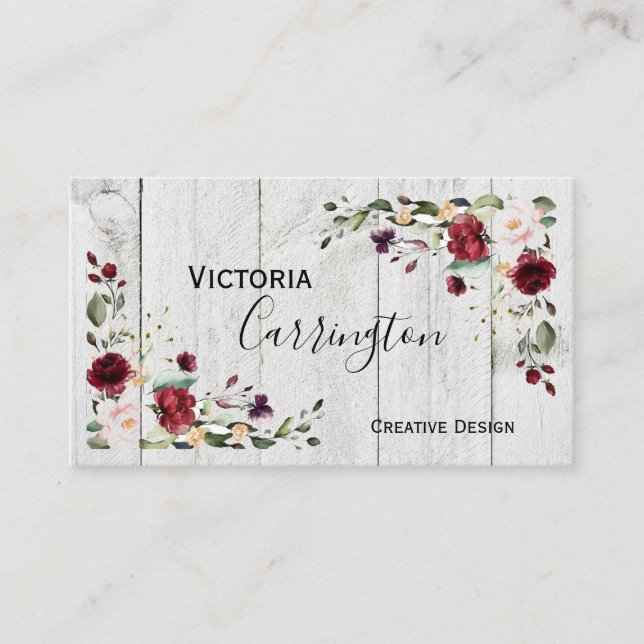 Burgundy Blush Pink Floral Modern Business Card (Front)