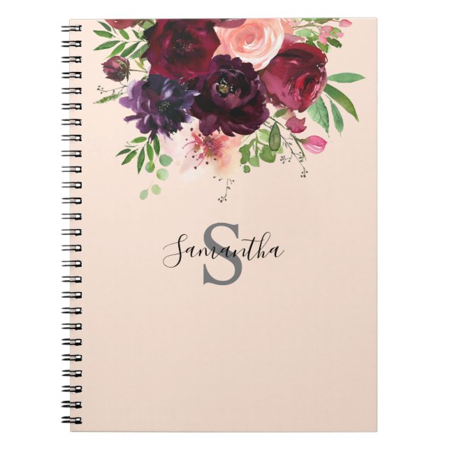 Burgundy & Blush Pink Floral Monogram Notebook (Front)
