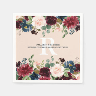 Burgundy Blush Pink Floral Monogram Wedding Napkin