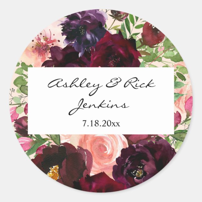 Burgundy & Blush Pink Floral & Name Classic Round Sticker (Front)