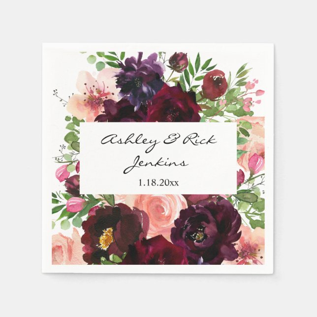 Burgundy & Blush Pink Floral Napkin (Front)