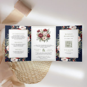 Burgundy Blush Pink Floral Navy All in One Wedding Tri-Fold Invitation