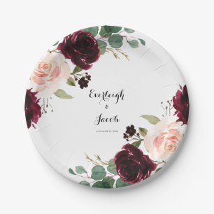 Burgundy Blush Pink Floral Paper Plate