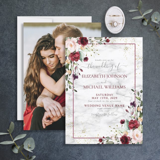 Burgundy Blush Pink Floral Photo Wedding Invitation (Creator Uploaded)