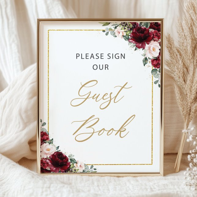 Burgundy Blush Pink Floral Please Sign Guest Book (Creator Uploaded)