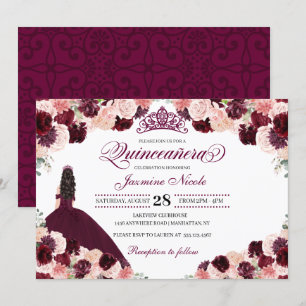 Burgundy Blush Pink Floral Quinceanera Birthday In Invitation