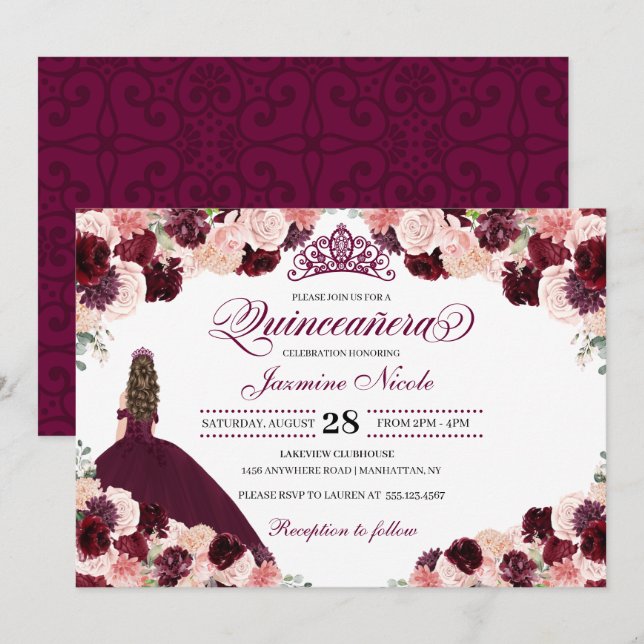 Burgundy Blush Pink Floral Quinceanera Birthday In Invitation (Front/Back)